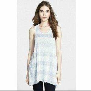 EILEEN FISHER White and Grey Organic Linen Stripe Knit Racerback Long Tank XS